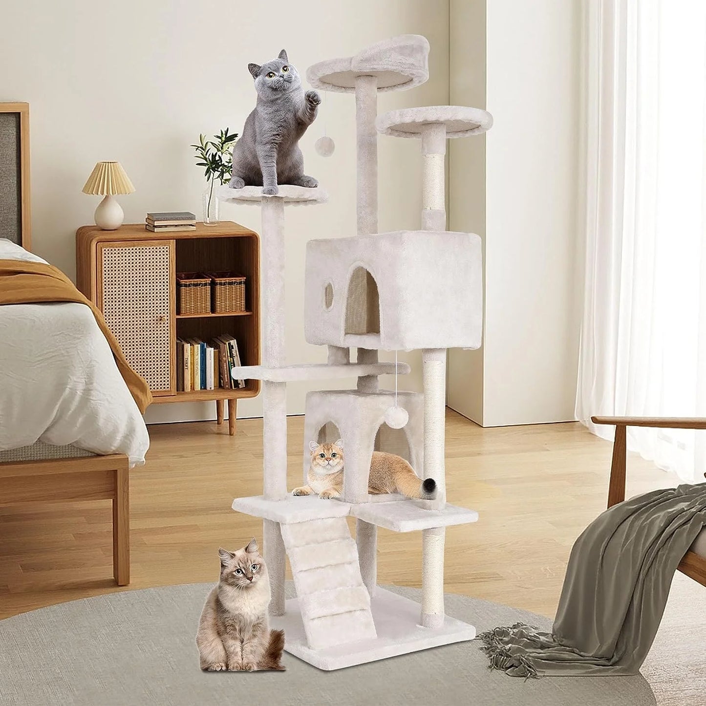 70In Cat Tree Tower with Funny Toys,Beige,Particleboard