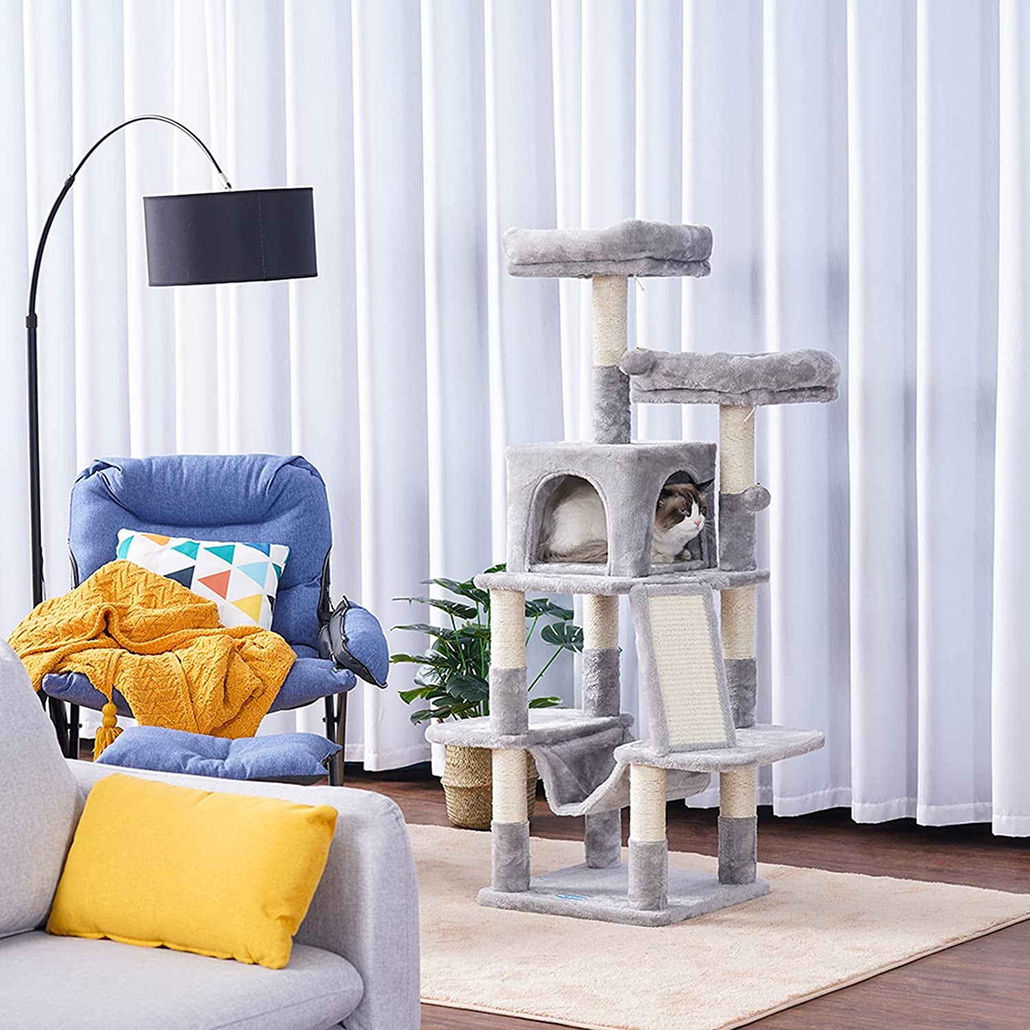 Deluxe 53-Inch Cat Tree Tower with Plush Hammock, Cozy Condo, and Scratch Posts - Perfect for Indoor Cats in Light Gray