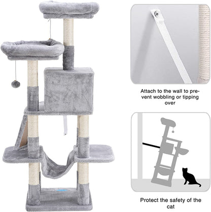 Deluxe 53-Inch Cat Tree Tower with Plush Hammock, Cozy Condo, and Scratch Posts - Perfect for Indoor Cats in Light Gray
