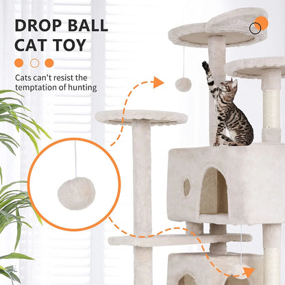 70In Cat Tree Tower with Funny Toys,Beige,Particleboard