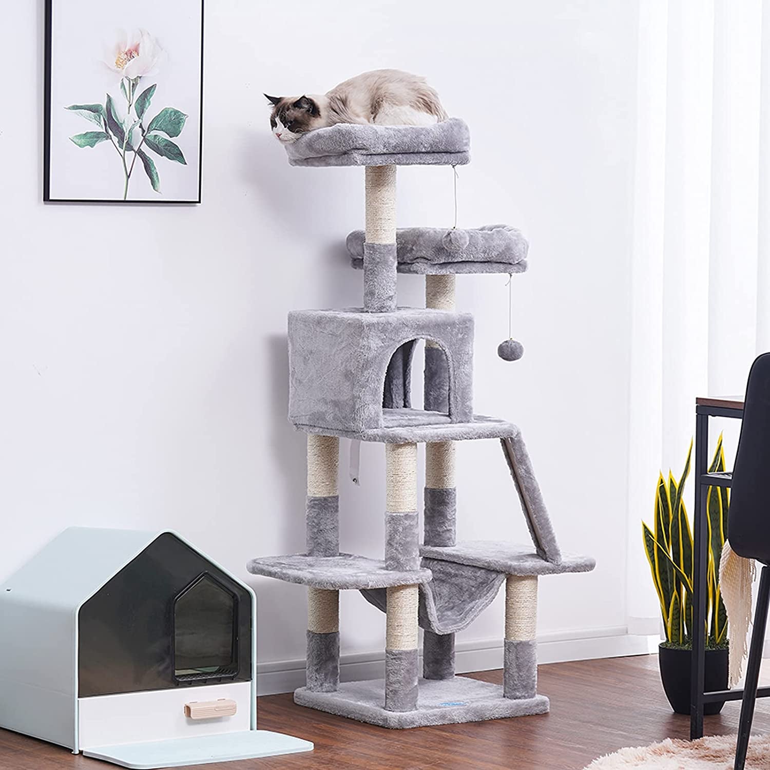 Deluxe 53-Inch Cat Tree Tower with Plush Hammock, Cozy Condo, and Scratch Posts - Perfect for Indoor Cats in Light Gray