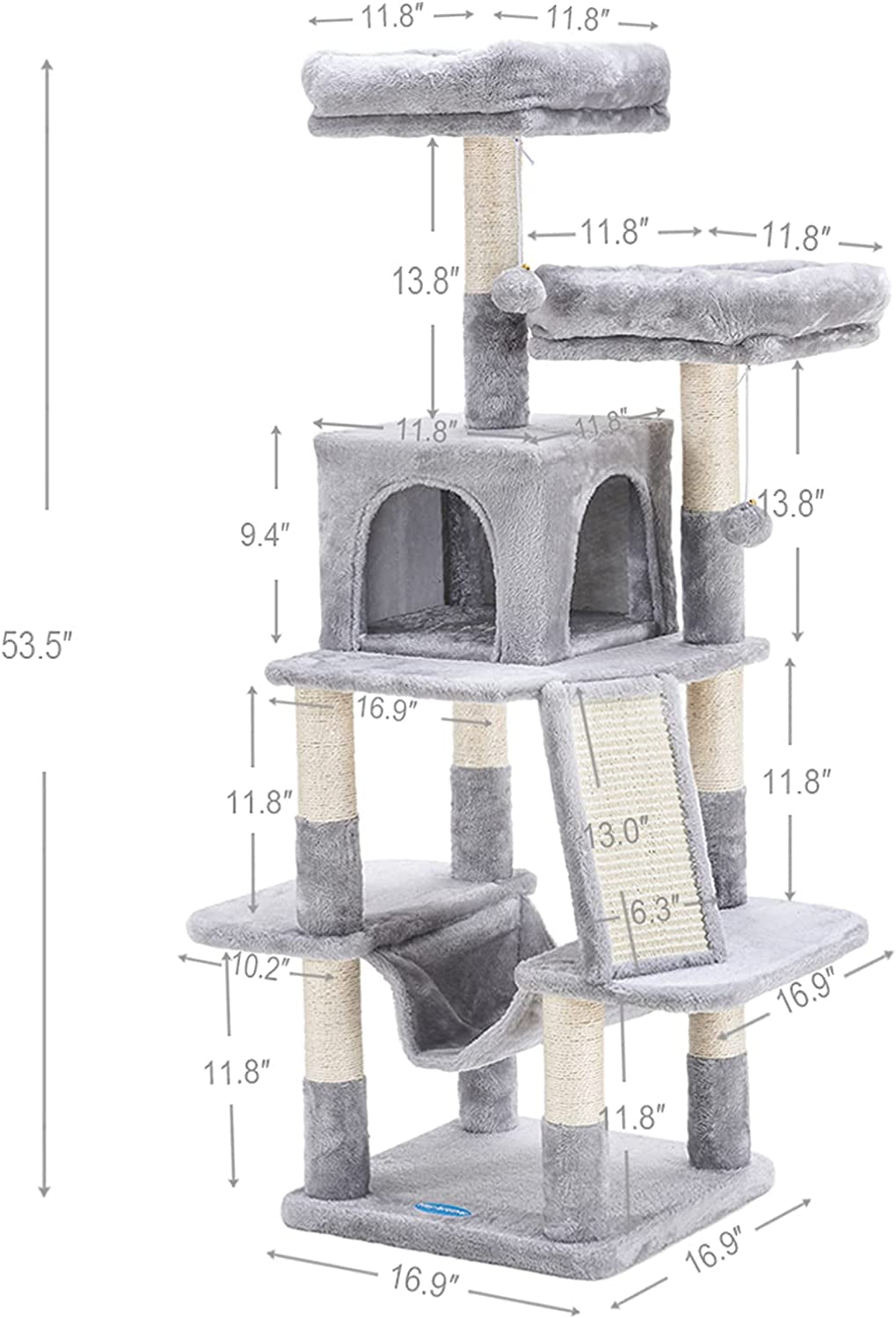Deluxe 53-Inch Cat Tree Tower with Plush Hammock, Cozy Condo, and Scratch Posts - Perfect for Indoor Cats in Light Gray