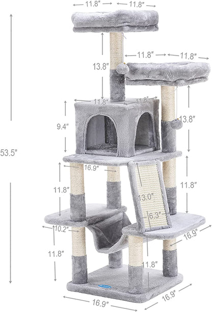 Deluxe 53-Inch Cat Tree Tower with Plush Hammock, Cozy Condo, and Scratch Posts - Perfect for Indoor Cats in Light Gray