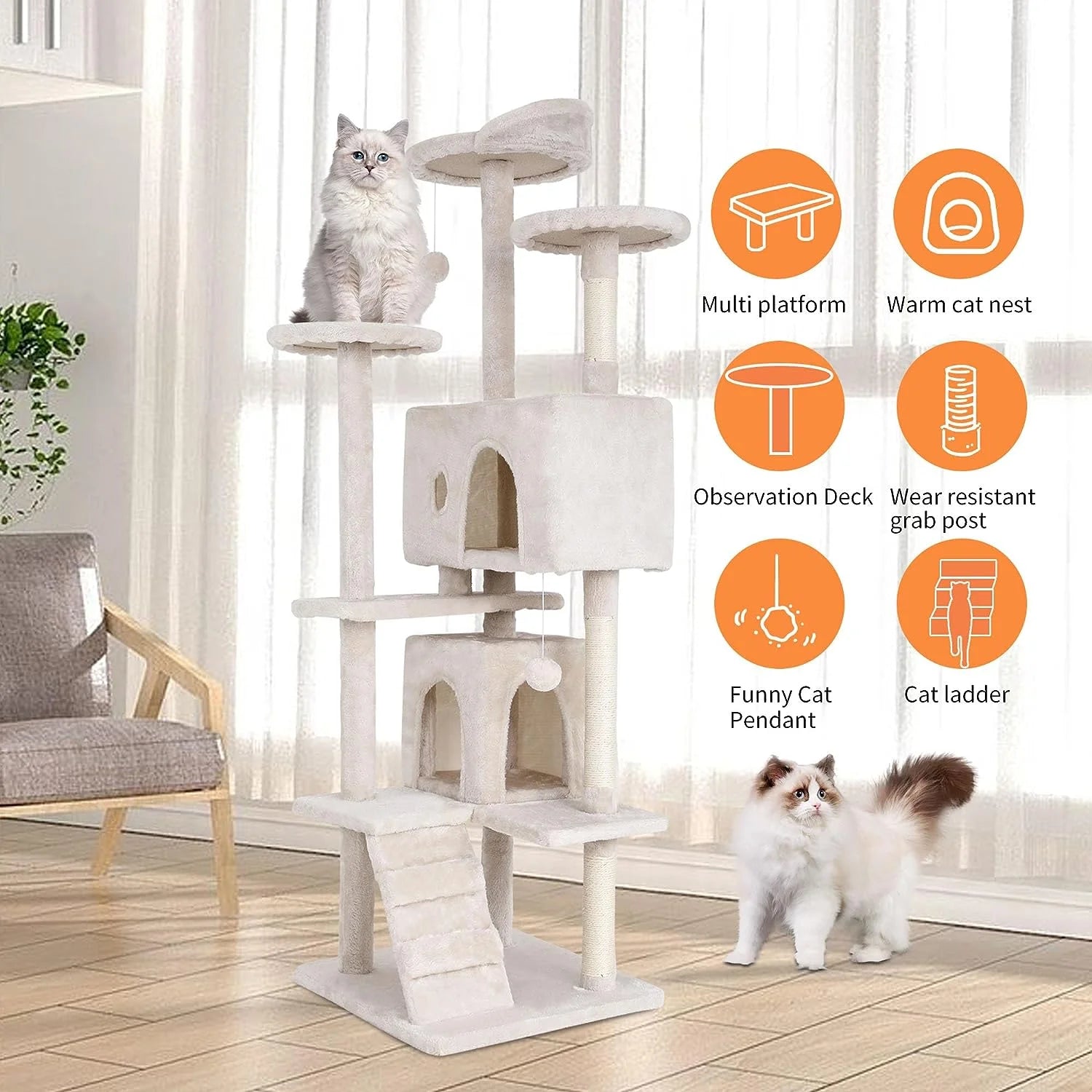 70In Cat Tree Tower with Funny Toys,Beige,Particleboard