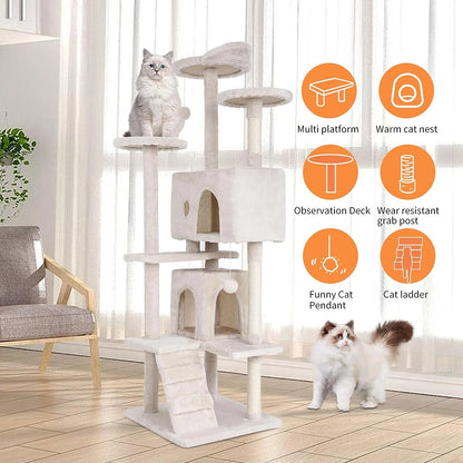 70In Cat Tree Tower with Funny Toys,Beige,Particleboard